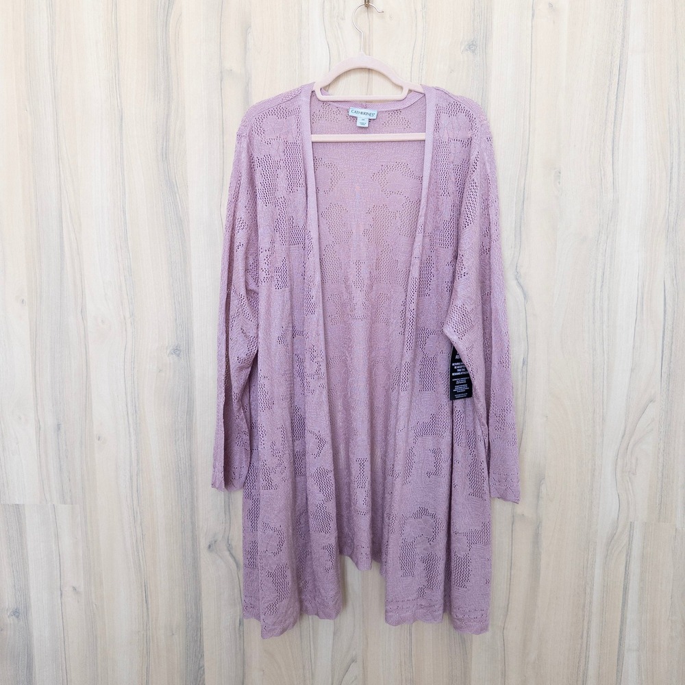 Catherines Womens Open Knit Long Cardigan 2X Pink Pointelle Lightweight Romantic